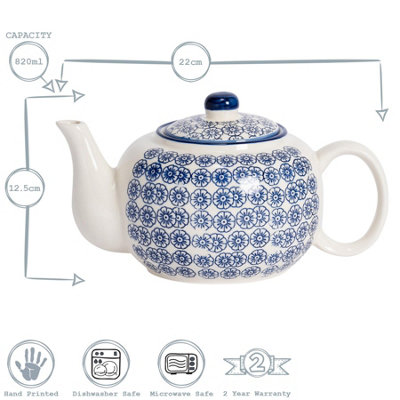 Nicola Spring - Hand-Printed Teapot - 820ml - Navy
