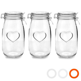 Nicola Spring - Heart Glass Storage Jars - 1.5 Litre - Clear Seal - 3pc