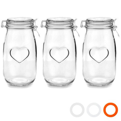 Nicola Spring Heart Glass Storage Jars - 1.5 Litre - Clear Seal - Pack of 3