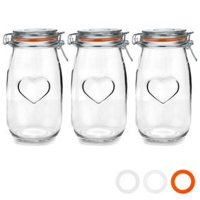 Nicola Spring - Heart Glass Storage Jars - 1.5 Litre - Orange Seal - Pack of 3