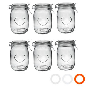 Nicola Spring - Heart Glass Storage Jars - 1 Litre - Clear Seal - 6pc