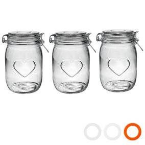 Nicola Spring - Heart Glass Storage Jars - 1 Litre - Clear Seal - Pack of 3