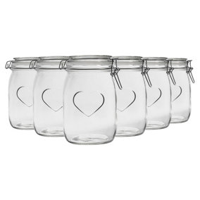 Nicola Spring - Heart Glass Storage Jars - 1 Litre - Clear Seal - Pack of 6