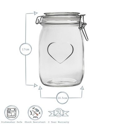 Nicola Spring Heart Glass Storage Jars - 1 Litre - White Seal