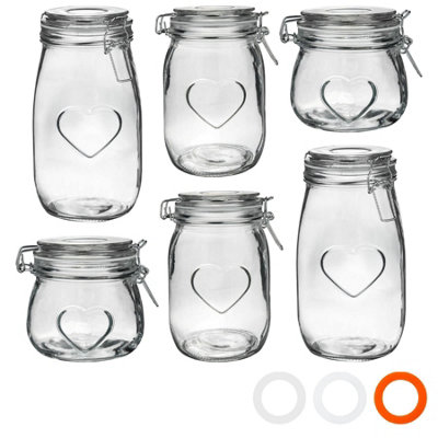 Nicola Spring - Heart Glass Storage Jars - 3 Sizes - Clear Seal - 6pc