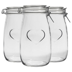 Nicola Spring - Heart Glass Storage Jars - Clip Lid - 1.5 Litre - White Seal - Pack of 3