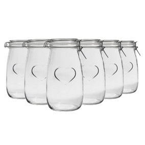 Nicola Spring - Heart Glass Storage Jars - Clip Lid - 1.5 Litre - White Seal - Pack of 6