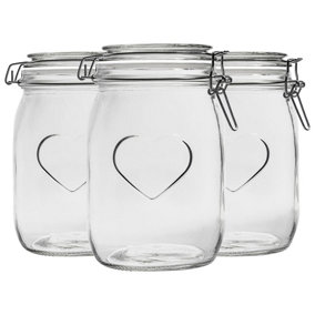 Nicola Spring - Heart Glass Storage Jars - Clip Lid - 1 Litre - White Seal - Pack of 3