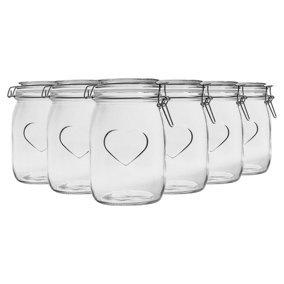 Nicola Spring - Heart Glass Storage Jars - Clip Lid - 1 Litre - White Seal - Pack of 6