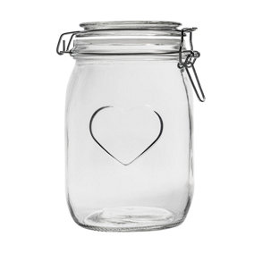 Nicola Spring - Heart Glass Storage Jars - Clip Lid - 1 Litre - White Seal