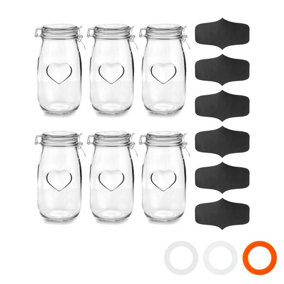 Nicola Spring Heart Glass Storage Jars with Labels - 1.5 Litre - Clear Seal - Pack of 6