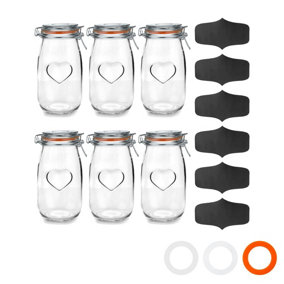 Nicola Spring - Heart Glass Storage Jars with Labels - 1.5 Litre - Orange Seal - Pack of 6