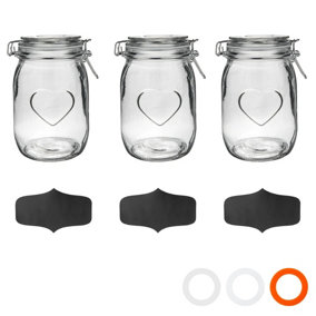 Nicola Spring - Heart Glass Storage Jars with Labels - 1 Litre - Clear Seal - Pack of 3