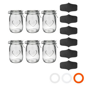 Nicola Spring Heart Glass Storage Jars with Labels - 1 Litre - Clear Seal - Pack of 6