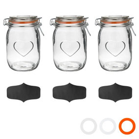 Nicola Spring - Heart Glass Storage Jars with Labels - 1 Litre - Orange Seal - Pack of 3