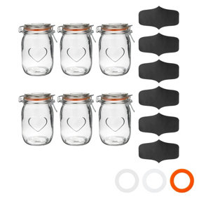 Nicola Spring Heart Glass Storage Jars with Labels - 1 Litre - Orange Seal - Pack of 6