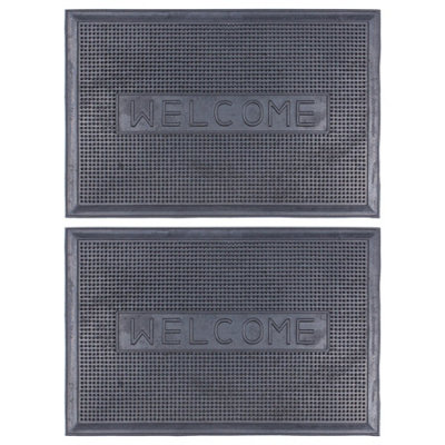 Nicola Spring Heavy Duty Rubber Door Mat - 60cm x 40cm - Black Welcome  - Pack of 2