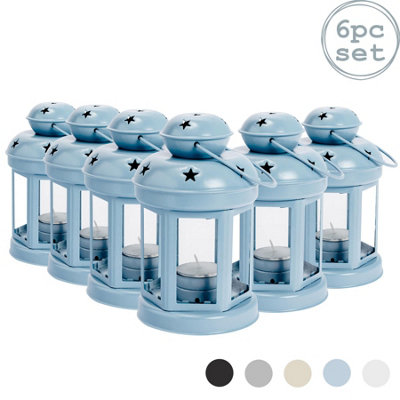 Nicola Spring Vintage Lantern Tealight Holders – Pack Of 6, Blue Metal Candle Lanterns For Indoor & Outdoor Decor