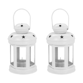 Nicola Spring - Metal Hanging Tealight Lanterns - 16cm - White - Pack of 2