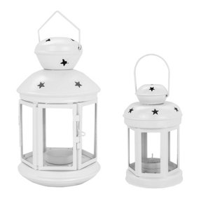 Nicola Spring - Metal Hanging Tealight Lanterns - 2 Sizes - White - Pack of 2