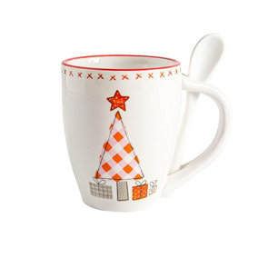 Nicola Spring - Patchwork Christmas Mug & Spoon Set - 9cm - White - 2pc