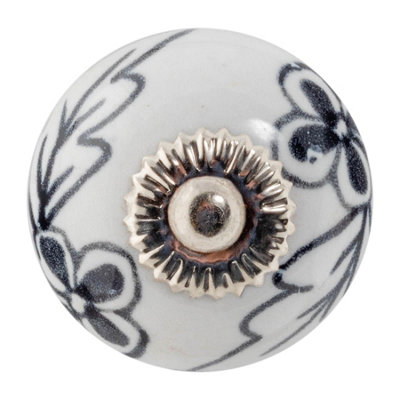 Nicola Spring Round Ceramic Cabinet Knob - Black Flower
