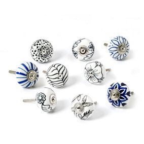 Nicola Spring - Round Ceramic Cabinet Knobs - 9 Designs - Pack of 9
