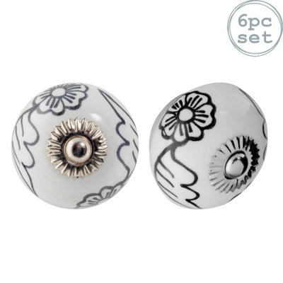 Nicola Spring Round Ceramic Cabinet Knobs - Black Blooms - Pack of 6