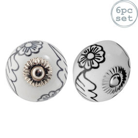 Nicola Spring - Round Ceramic Cabinet Knobs - Black Blooms - Pack of 6