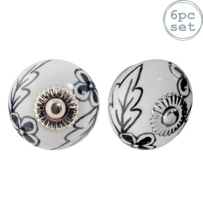 Nicola Spring Round Ceramic Cabinet Knobs - Black Flower - Pack of 6