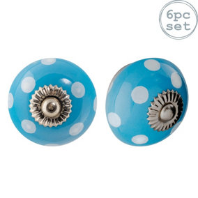 Nicola Spring - Round Ceramic Cabinet Knobs - Light Blue Spot - Pack of 6