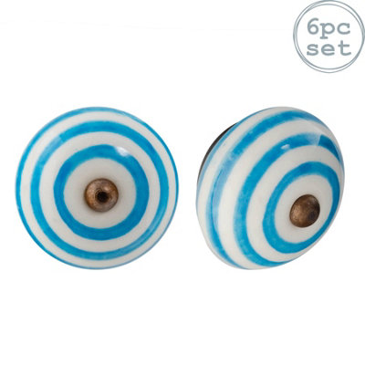 Nicola Spring Round Ceramic Cabinet Knobs - Light Blue Stripe - Pack of 6