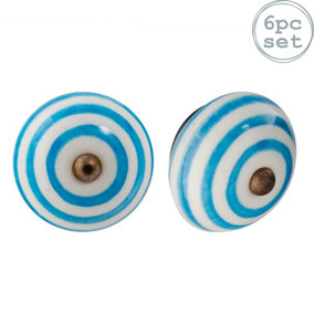 Nicola Spring - Round Ceramic Cabinet Knobs - Light Blue Stripe - Pack of 6