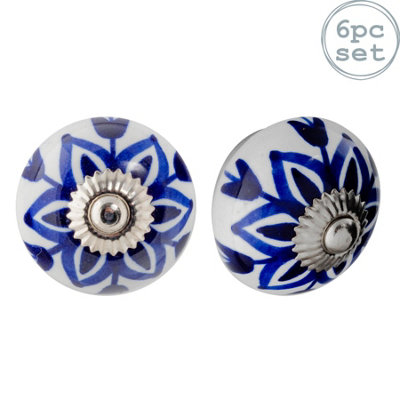 Nicola Spring Round Ceramic Cabinet Knobs - Navy Flower - Pack of 6