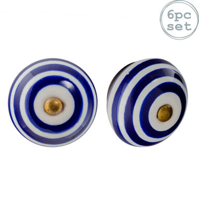 Nicola Spring Round Ceramic Knobs Navy Stripe Pack of 6 DIY at B&Q