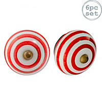Nicola Spring - Round Ceramic Cabinet Knobs - Red Stripe - Pack of 6