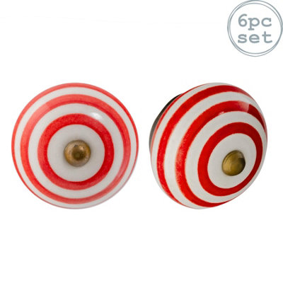 Nicola Spring - Round Ceramic Cabinet Knobs - Red Stripe - Pack of 6