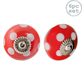 Nicola Spring - Round Ceramic Cabinet Knobs - Red & White Spot - Pack of 6