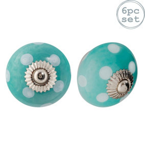 Nicola Spring - Round Ceramic Cabinet Knobs - Turquoise Spot - Pack of 6