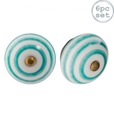 Nicola Spring - Round Ceramic Cabinet Knobs - Turquoise Stripe - Pack of 6