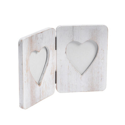 Nicola Spring Rustic Hearts Folding 2 Photo Frame - Wooden Landscape Wall Collage Picture Display Frames - 4 x 6" - White