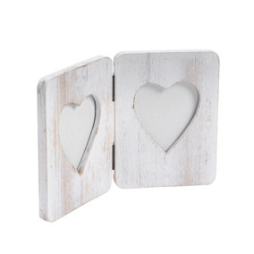 Nicola Spring Rustic Hearts Folding 2 Photo Frame - Wooden Landscape Wall Collage Picture Display Frames - 4 x 6" - White