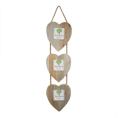 Nicola Spring - Rustic Hearts Hanging 3 Photo Frame - 4 x 4" - Natural