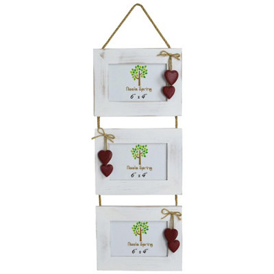 Nicola Spring - Rustic Red Hearts 3 Photo Frame - 6 x 4" - White