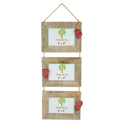 Nicola Spring - Rustic Red Hearts Hanging 3 Photo Frame - 6 x 4" - Natural