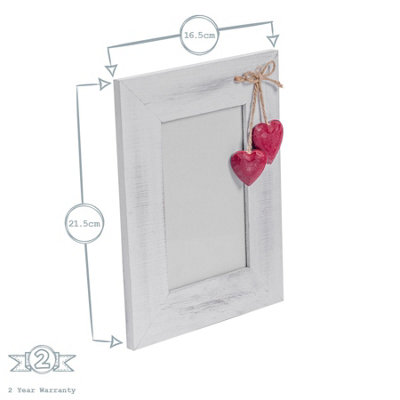 Nicola Spring Rustic Red Hearts Photo Frame - Wooden Portrait Table Standing Picture Display Frames - 4 x 6" - White