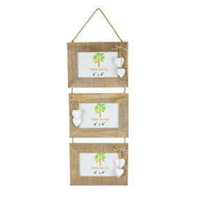 Nicola Spring - Rustic White Hearts Hanging 3 Photo Frame - 6 x 4" - Natural