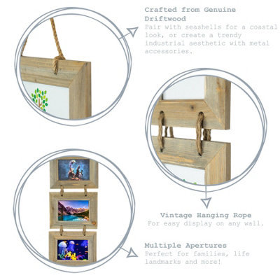 Nicola Spring Rustic Wooden Hanging 3 Photo Frame - 6 x 4" - Natural