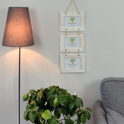Cadre Photo à Suspendre Pour 3 Photos 15x10 Cm - Rustique Bois Naturel Avec Cœurs Blancs, Fixation Murale