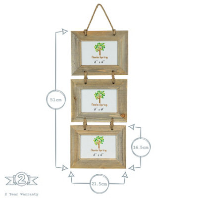 Nicola Spring Rustic Wooden Hanging 3 Photo Frame - Driftwood Landscape Wall Collage Picture Display - 6 x 4" - Natural